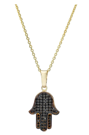 Hamsa Pendant Natural Black Diamond 14k Gold Necklace. Total 0.32 Carat.