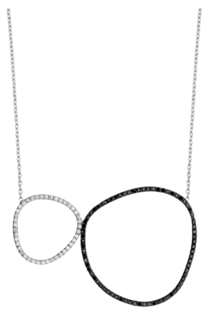 14K White Gold 2 Unsymmetrical Circles Diamond Necklace. White and Black Natural Diamonds. Dainty Double Circle Necklace. ORIGINAL DESIGN.