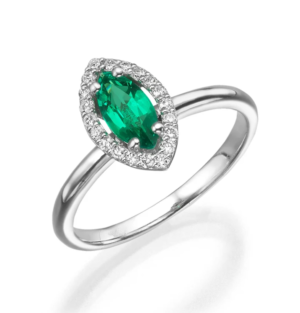 14k Gold Marquis Cut Green Emerald Engagement Ring with Natural Diamonds