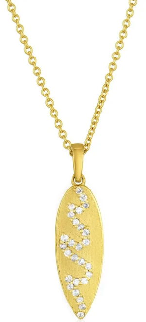 Surfboard 14k Gold Necklace with Diamonds. Surf Necklace with a Diamond Wave. Gift for surfers.